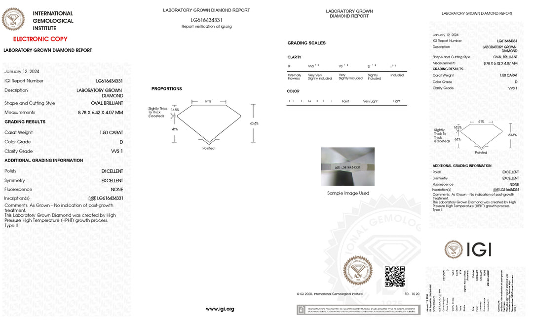 IGI Certified 1.50 CT Oval Lab Grown Diamond - D Color, VVS1 Clarity