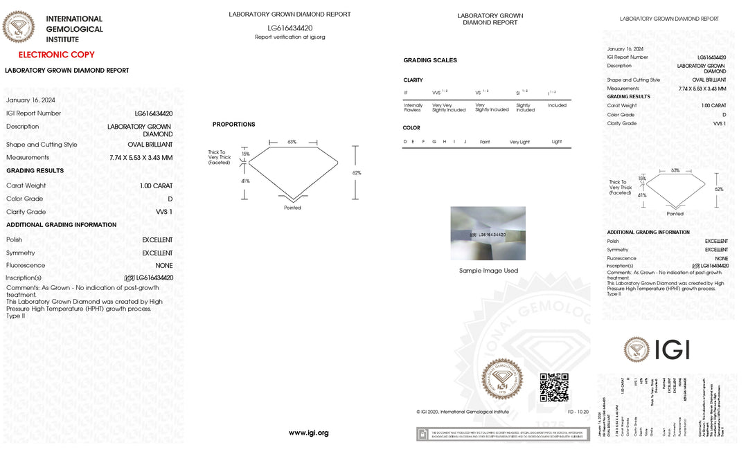 IGI Certified 1.00 CT Oval Lab Grown Diamond - D Color, VVS1 Clarity