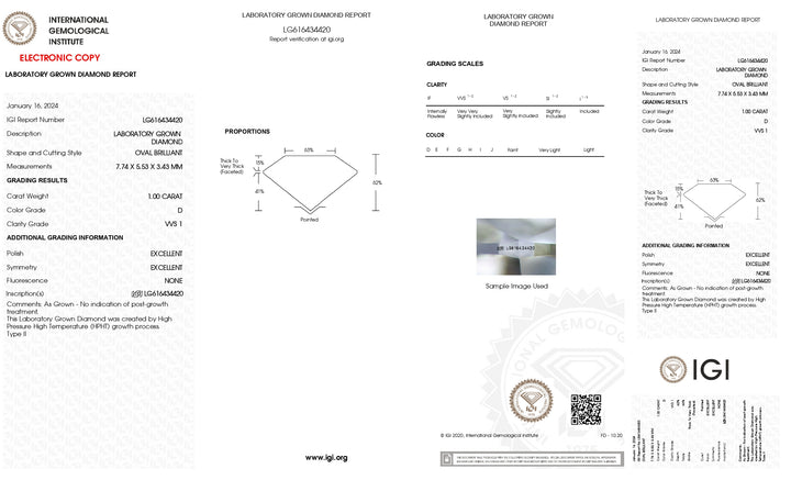 IGI Certified 1.00 CT Oval Lab Grown Diamond - D Color, VVS1 Clarity