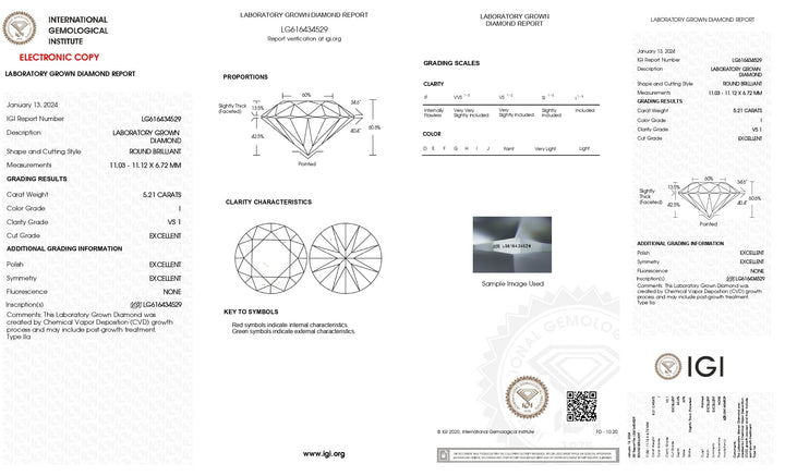 IGI Certified 5.21 CT Round Lab-Grown Diamond - I Color, VS1 Clarity