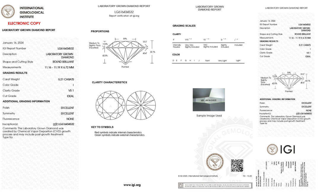 IGI Certified 5.21 CT Round Lab-Grown Diamond - I Color, VS1 Clarity