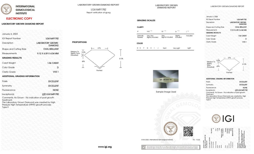 Diamante cultivado en laboratorio de talla ovalada de 1,56 quilates con certificación IGI: claridad VVS1, color D