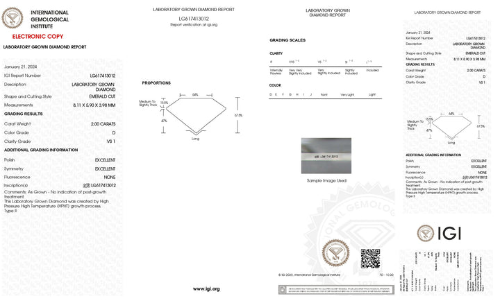 Diamante cultivado en laboratorio de talla esmeralda de 2,00 quilates con certificación IGI: color D, claridad VS1