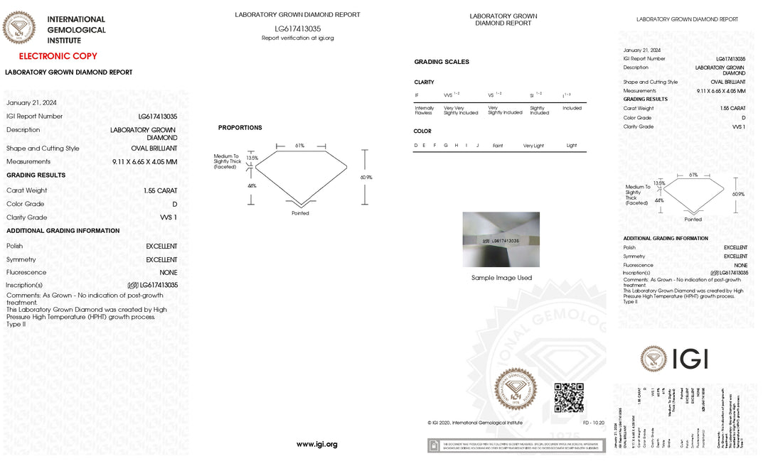 Diamante cultivado en laboratorio de talla ovalada de 1,55 quilates con certificación IGI: claridad VVS1, color D