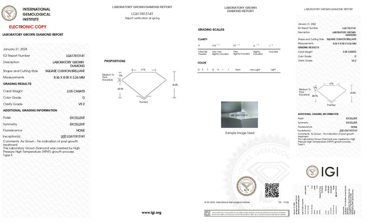 IGI Certified 3.05 CT Cushion Cut Lab Grown Diamond | D Color | VS2 Clarity