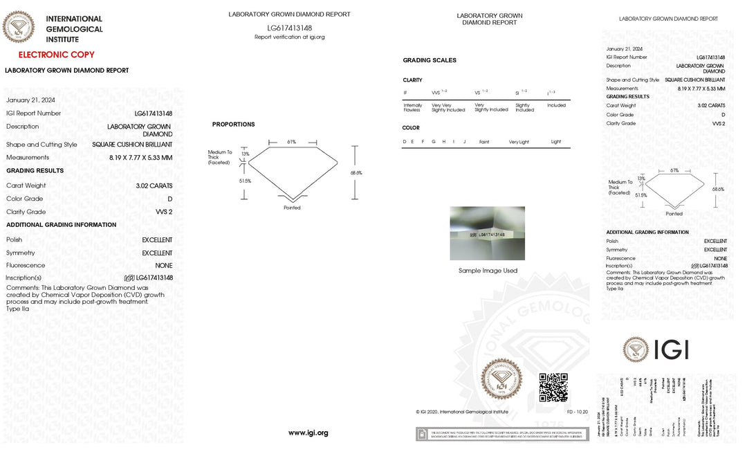 IGI Certified 3.02 CT Cushion Cut Lab-Grown Diamond, D Color, VVS2 Clarity, Excellent Polish and Symmetry