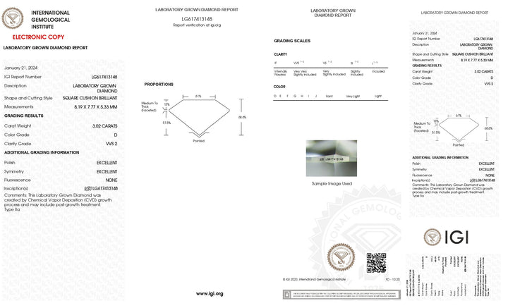 IGI Certified 3.02 CT Cushion Cut Lab-Grown Diamond, D Color, VVS2 Clarity, Excellent Polish and Symmetry