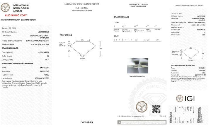 Diamante cultivado en laboratorio de talla cojín de 3,03 quilates con certificación IGI, color D, claridad VS1