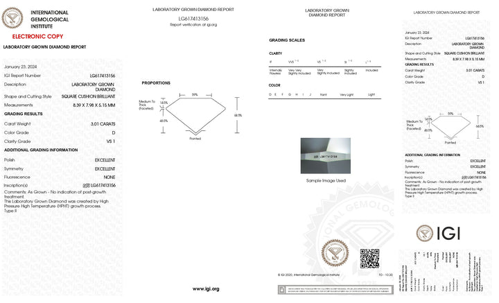 IGI Certified 3.01 CT Cushion Cut Lab-Grown Diamond - VS1 Clarity, D Color