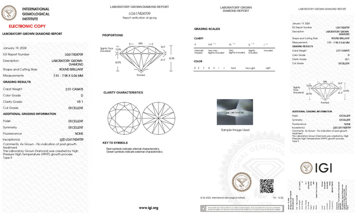 Diamant cultivé en laboratoire de taille ronde de 2,01 ct certifié IGI - Clarté VS1, couleur D, excellente coupe