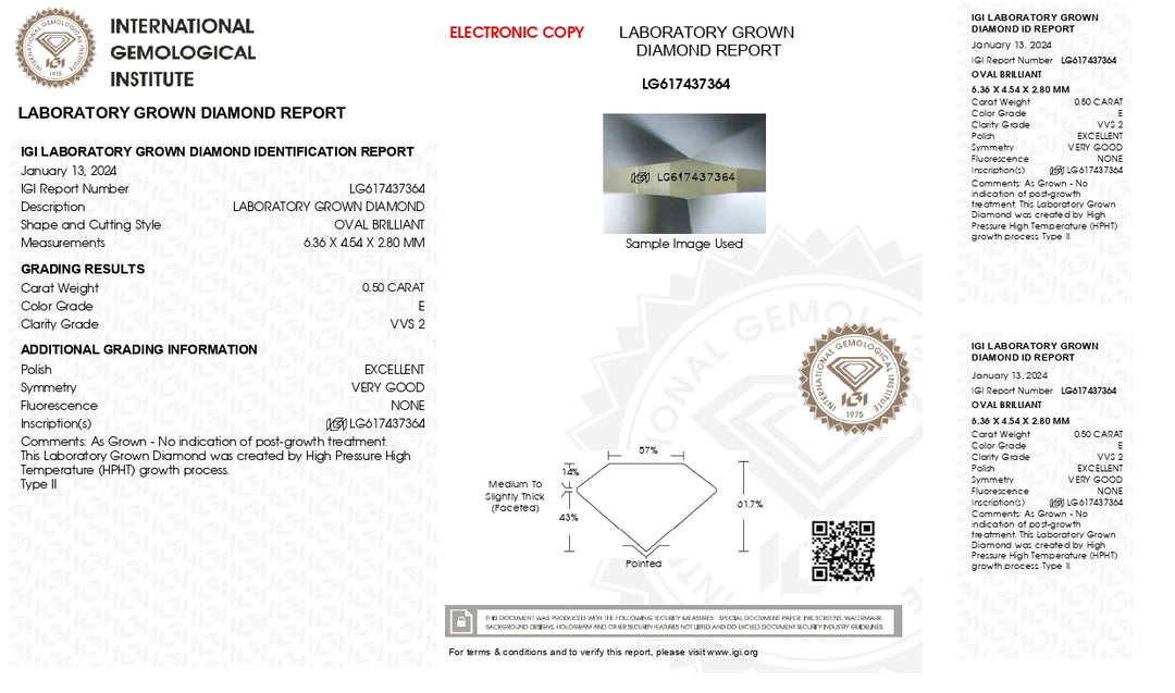 IGI Certified 0.50 CT Oval Cut Lab Grown Diamond - E Color, VVS2 Clarity