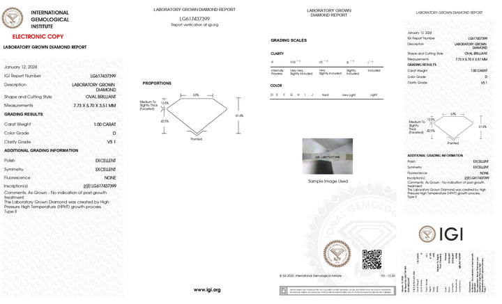 Exquisite 1.00 CT Oval Cut Lab Grown Diamond | IGI Certified, D Color, VS1 Clarity