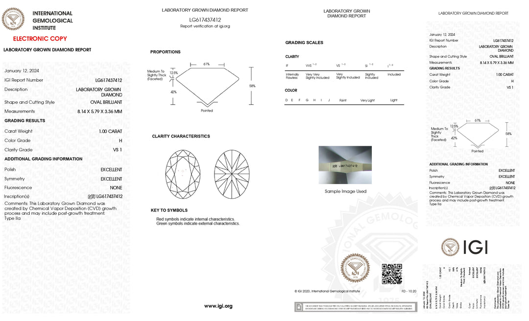 IGI Certified 1.00 CT Oval Lab-Grown Diamond: VS1 Clarity, H Color