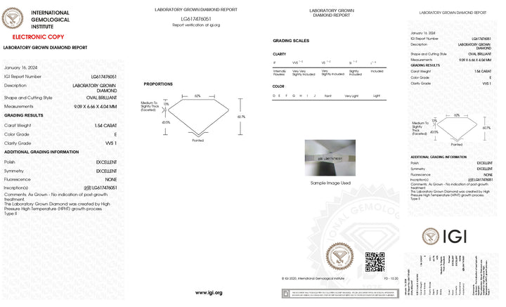 IGI Certified 1.54 CT Oval Cut HPHT Lab-Grown Diamond - VVS1 Clarity, E Color