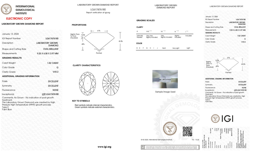 Diamant cultivé en laboratoire de 1,52 CT de taille ovale certifié IGI – Clarté VVS2, couleur G