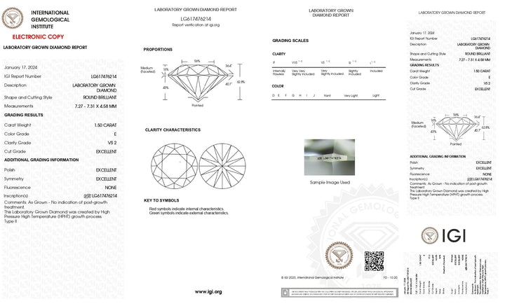 Diamant rond cultivé en laboratoire de 1,50 CT certifié IGI - Couleur E, clarté VS2