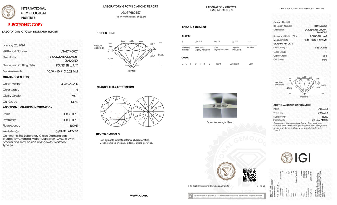 IGI Certified 4.22 CT Round Cut Lab Grown Diamond - VS1 Clarity, H Color