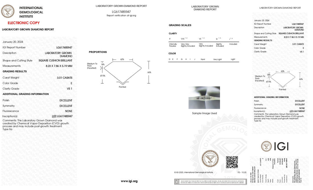 IGI Certified 3.01 Carat Cushion Cut Lab-Grown Diamond, E Color, VS1 Clarity