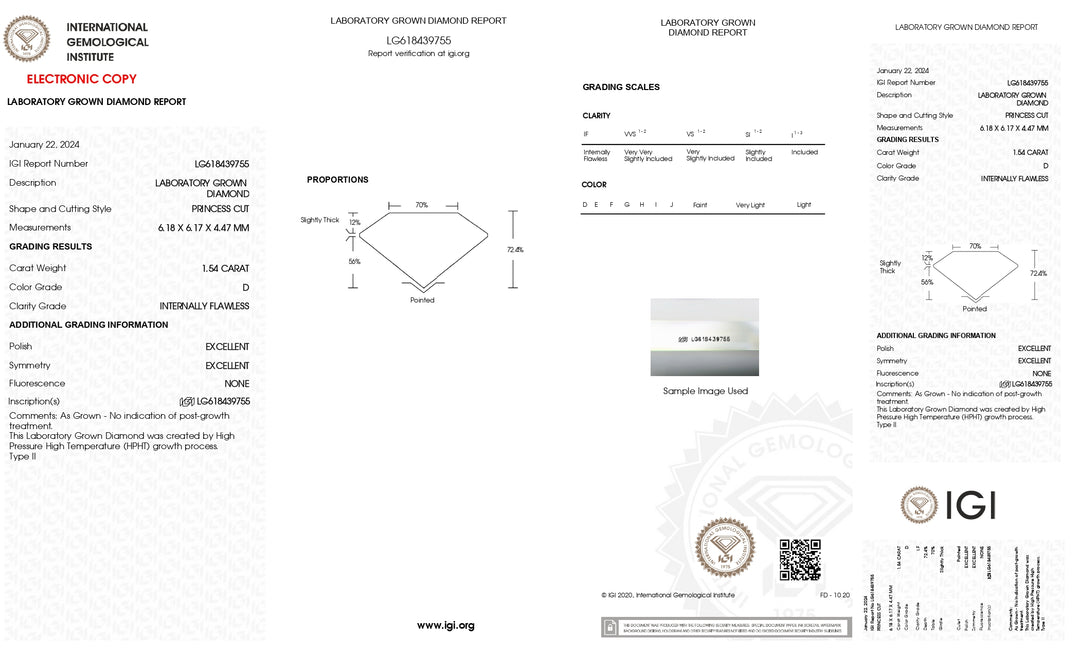 IGI Certified 1.54 CT Princess Cut Lab Grown Diamond, IF/D Color