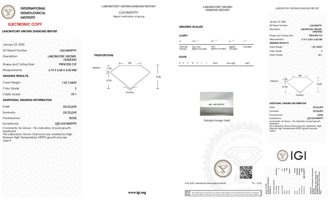 IGI Certified 1.52 CT Princess Cut Lab-Grown Diamond - VS1 Clarity, E Color