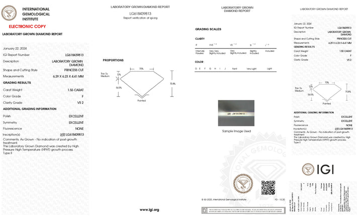 Diamant cultivé en laboratoire, taille princesse, 1,55 ct, certifié IGI (VS2, couleur F)