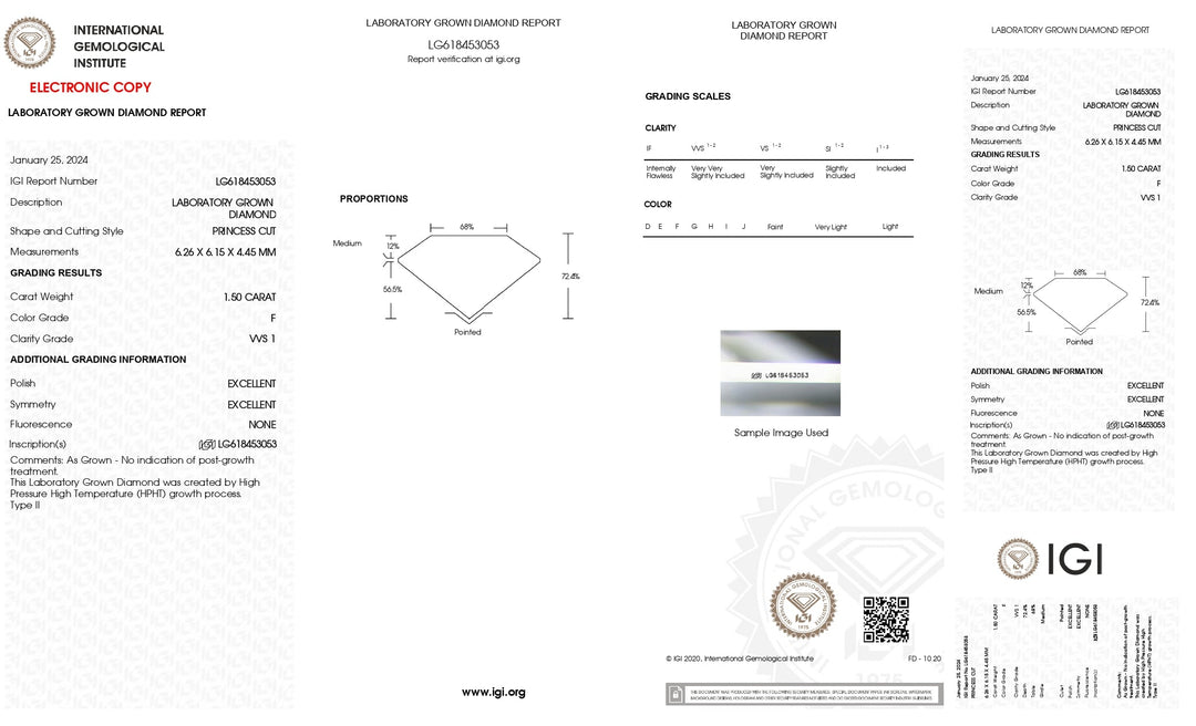 Diamant cultivé en laboratoire de taille princesse de 1,50 ct certifié IGI - Couleur F exquise, clarté VVS1 exceptionnelle