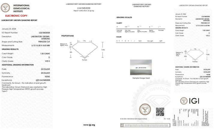 Diamant de laboratoire taille princesse certifié IGI de 1,50 ct - Clarté VVS2 exceptionnelle, superbe couleur D