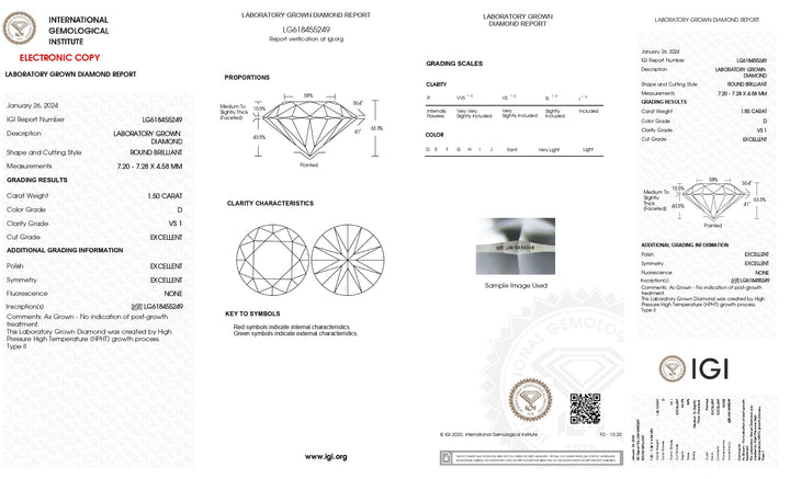 IGI Certified 1.50 CT Round Lab Grown Diamond - D Color, VS1 Clarity: Eternal Brilliance