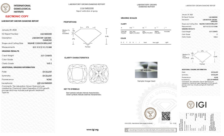 IGI Certified 3.01 CT Cushion Cut Lab-Grown Diamond - VVS2 Clarity, E Color