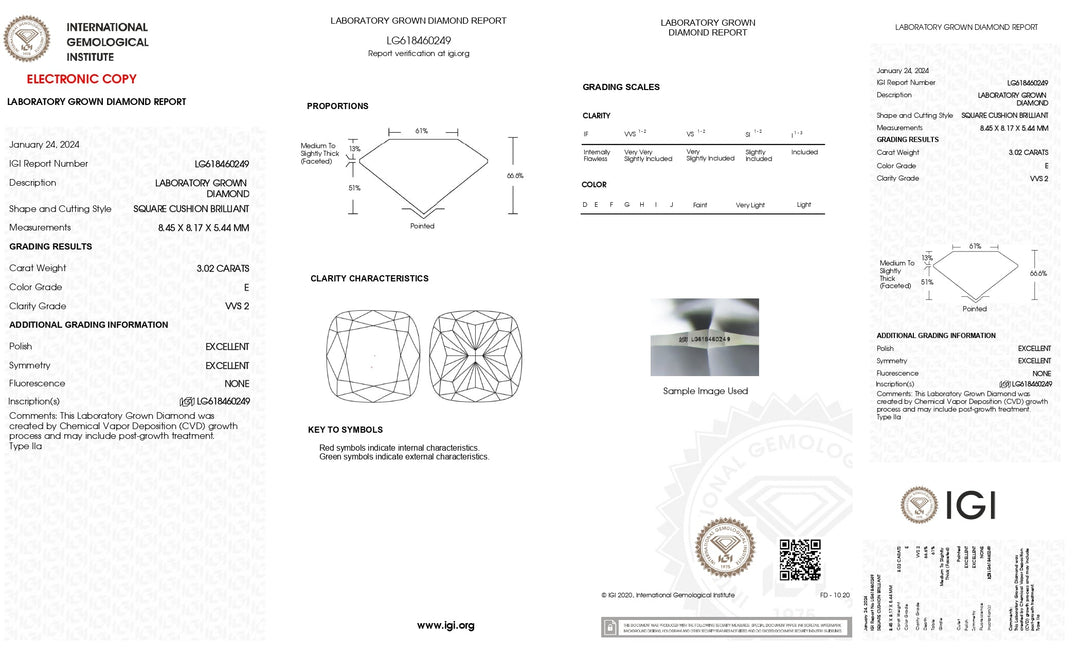 IGI Certified 3.02 CT Cushion Cut Lab-Grown Diamond - VVS2 Clarity, E Color