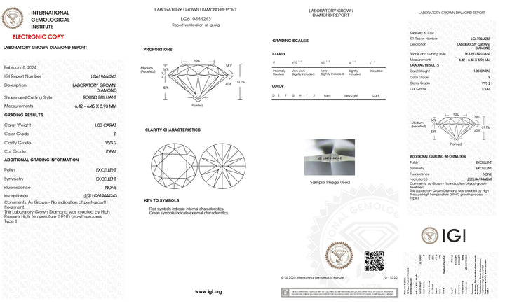 IGI Certified 1.00 CT Round Cut Lab Grown Diamond - VVS2 Clarity, F Color