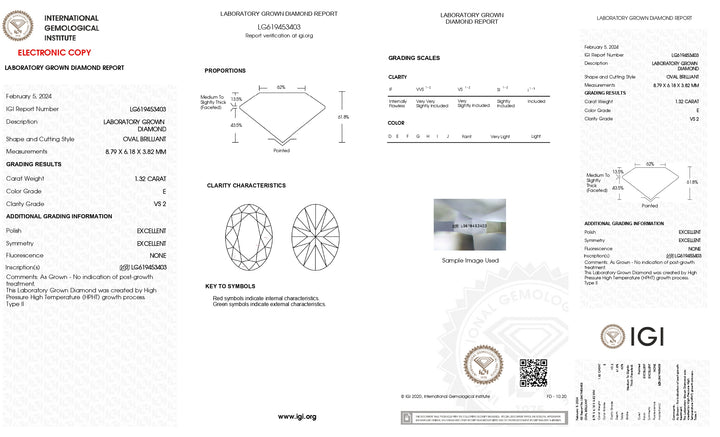 Diamante cultivado en laboratorio de talla ovalada de 1,32 quilates con certificación IGI: claridad VS2, color E