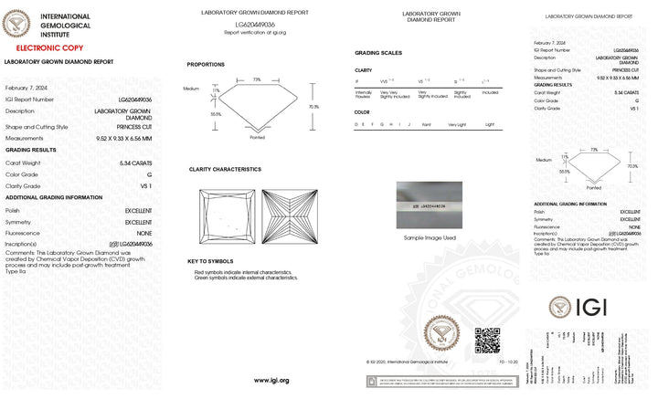 IGI Certified 5.34 Carat Princess Cut Lab-Grown Diamond, G Color, VS1 Clarity