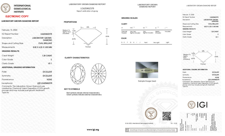 IGI Certified 1.28 Carat Oval Cut Lab-Grown Diamond - VS1 Clarity, E Color