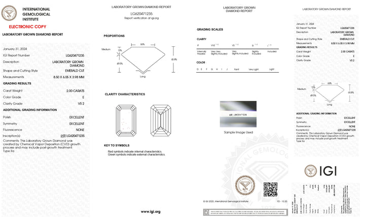 IGI Certified 2.00 CT Emerald Cut Lab Grown Diamond: VS2 Clarity, E Color Grade