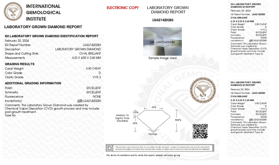 IGI Certified 0.50 CT Oval Cut Lab Grown Diamond - D Color, VVS2 Clarity