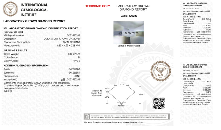 IGI Certified 0.50 CT Oval Cut Lab Grown Diamond - D Color, VVS2 Clarity