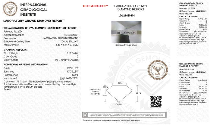 IGI Certified 0.50 CT Oval Cut Lab Grown Diamond - D Color, Internally Flawless