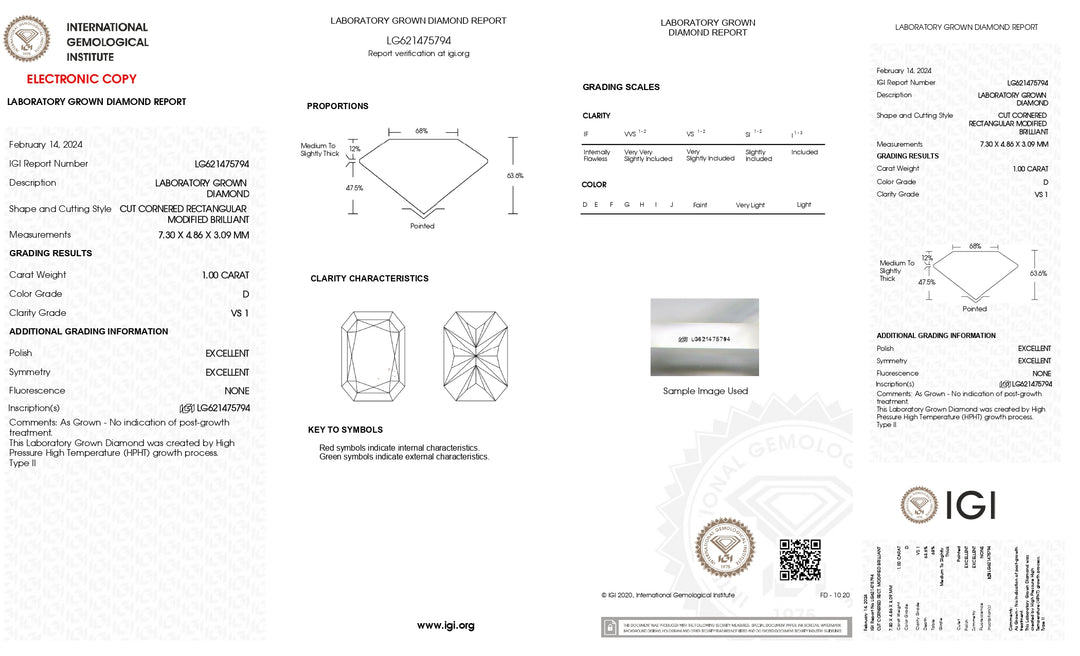 IGI Certified 1.00 CT Radiant Cut Lab-Grown Diamond | VS1 Clarity | D Color