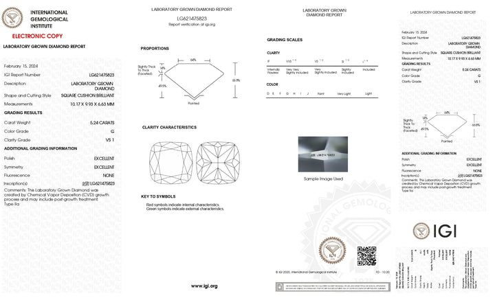 IGI Certified 5.24 CT Cushion Brilliant Cut Lab-Grown Diamond - VS1 Clarity, G Color