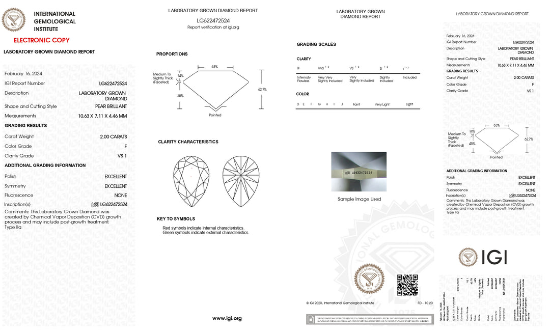 Diamante cultivado en laboratorio de talla pera de 2,00 quilates con certificación IGI: claridad VS1, grado de color F