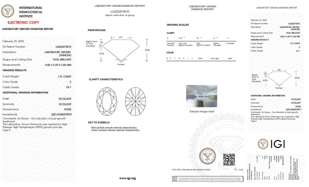 Diamante cultivado en laboratorio de talla ovalada de 1,51 quilates con certificación IGI | Color E, claridad VS1