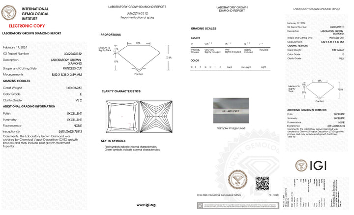 Diamante cultivado en laboratorio de talla princesa de 1,00 quilates con certificación IGI | Claridad VS2 | Color E 