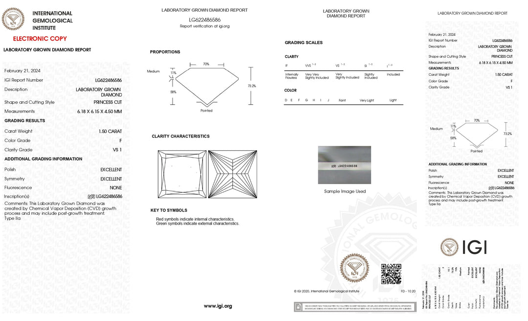 Diamant cultivé en laboratoire de taille princesse de 1,50 ct certifié IGI - Couleur F, clarté VS1 exquise