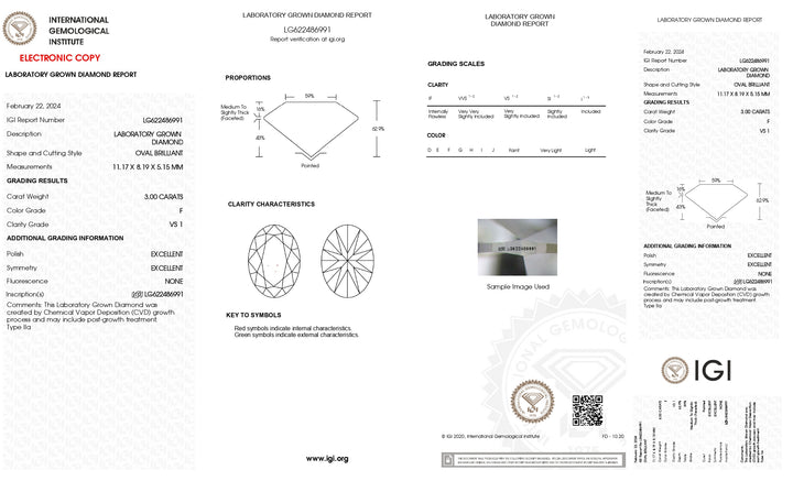 Diamant cultivé en laboratoire de taille ovale exquis de 3,00 CT - Certifié IGI, clarté VS1, couleur F