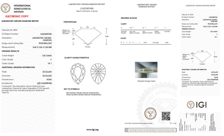 Radiant Elegance: IGI Certified 1.00 CT Pear Cut Lab Grown Diamond - VS1 Clarity, Fiery F Color