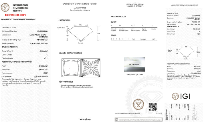 IGI Certified 1.00 CT Princess Cut Lab-Grown Diamond | VS1 Clarity | E Color