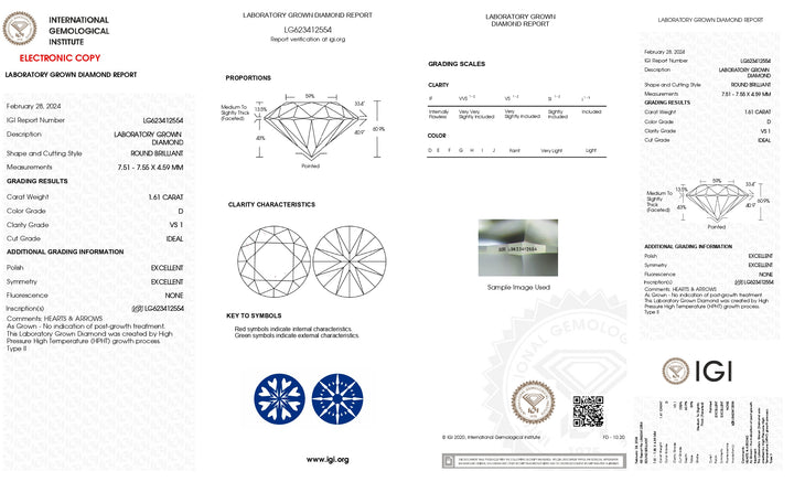 IGI Certified 1.61 CT Round Cut Lab-Grown Diamond - D Color, VS1 Clarity, Ideal Cut