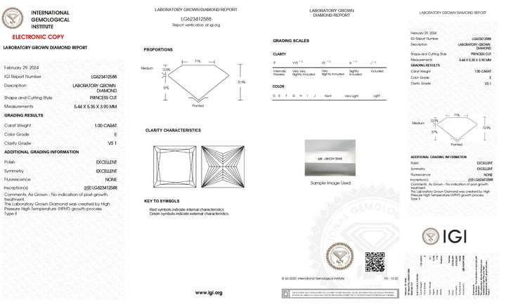 IGI Certified 1.00 CT Princess Cut Lab-Grown Diamond | VS1 Clarity | E Color