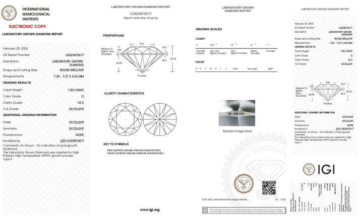 Diamante redondo cultivado en laboratorio de 1,50 quilates con certificación IGI: color D, claridad VS2